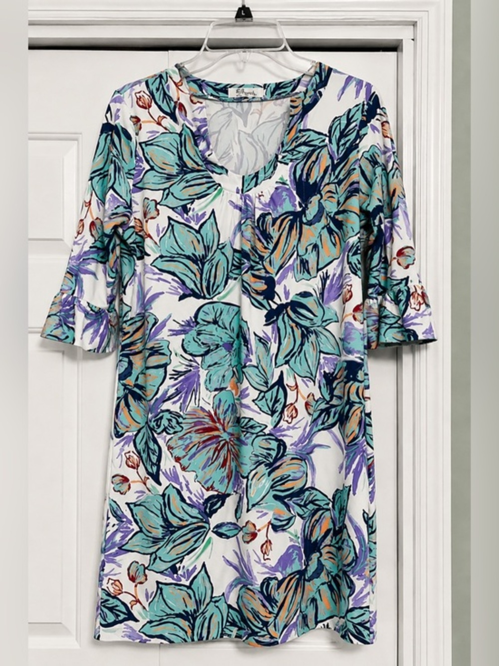 Aryeh White Blue Tropical Print Resort Dress | Stretch Performance EUC L #2683